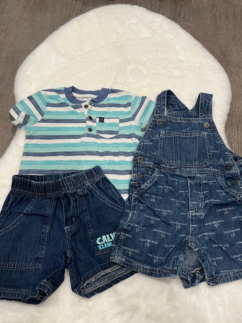 Calvin Klein Jeans Blue Denim Shortalls with Striped Tee & Shorts